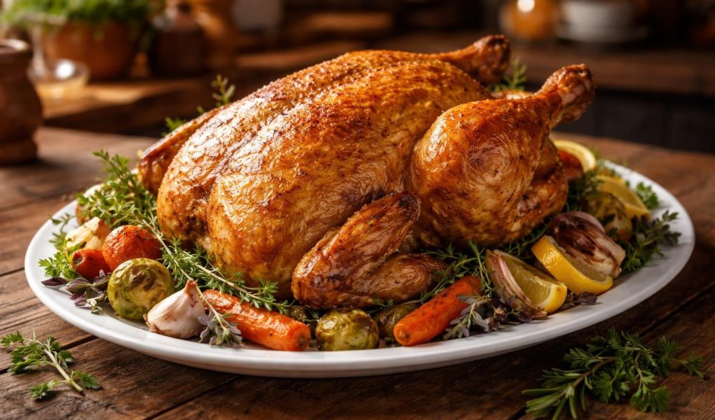 chapon-dore-herbes-legumes-table