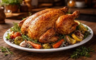 chapon-dore-herbes-legumes-table