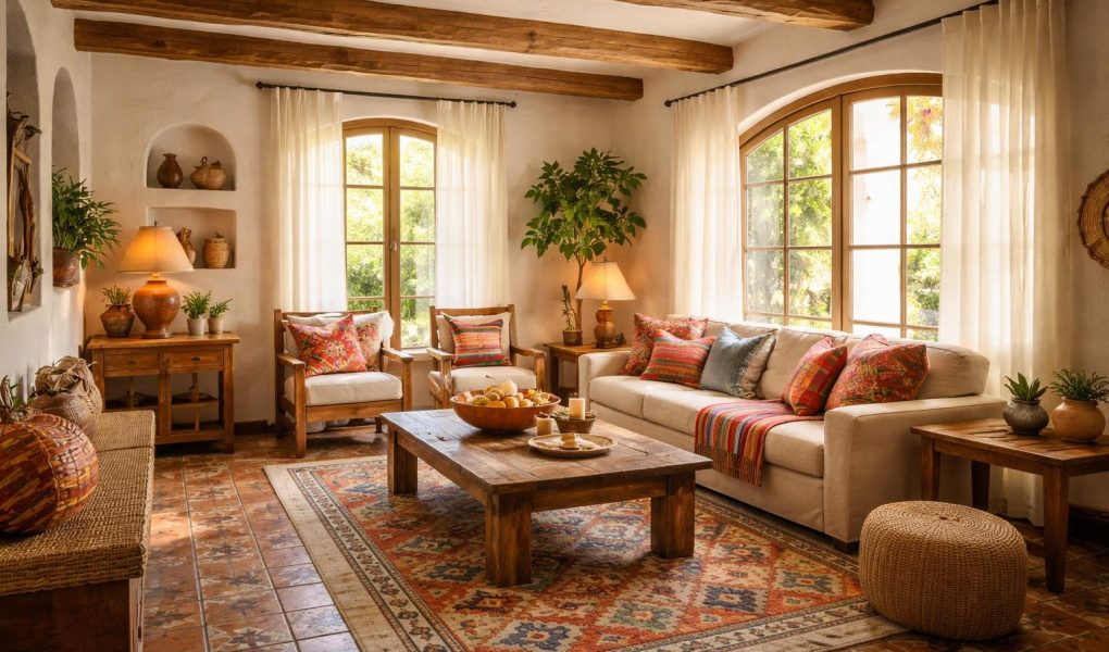 salon-chaleureux-poutres-bois-carrelage-espagnol