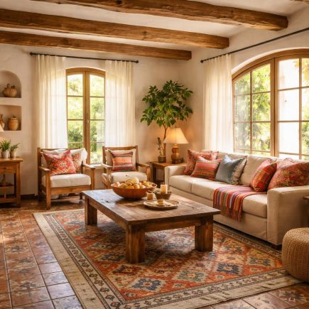 salon-chaleureux-poutres-bois-carrelage-espagnol