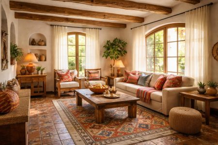 salon-chaleureux-poutres-bois-carrelage-espagnol