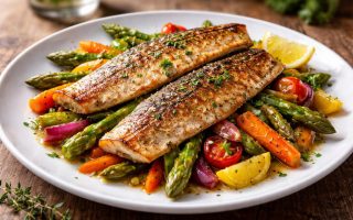 truite-grillee-legumes-herbes-table-bois