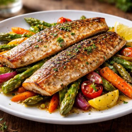 truite-grillee-legumes-herbes-table-bois