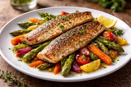 truite-grillee-legumes-herbes-table-bois