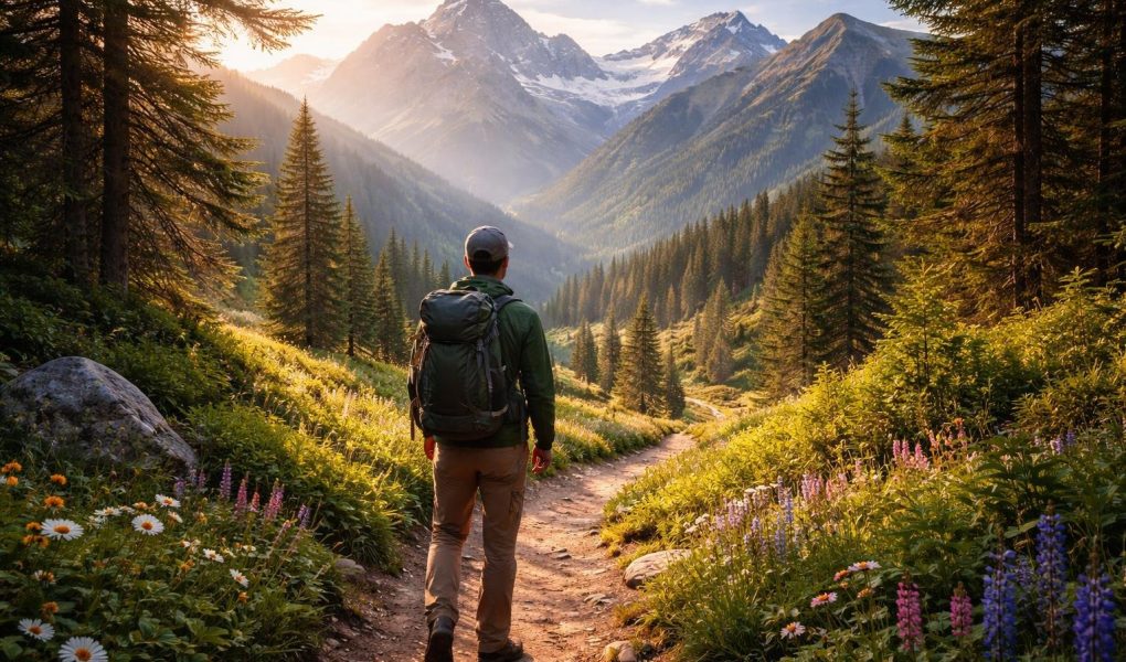 randonneur-sentier-montagnes-nature-luxuriante