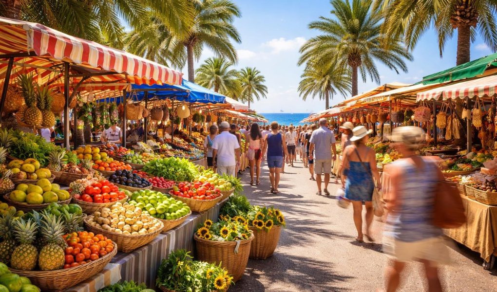 marche-plein-air-etals-palmiers-ciel-bleu