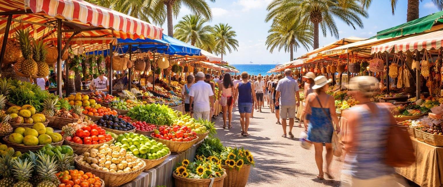 marche-plein-air-etals-palmiers-ciel-bleu