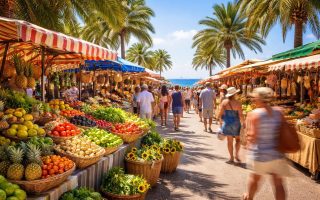 marche-plein-air-etals-palmiers-ciel-bleu