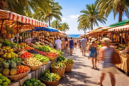 marche-plein-air-etals-palmiers-ciel-bleu